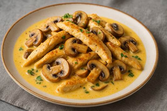 Putenstreifen in Käse-Sahne-Sauce mit Champignons