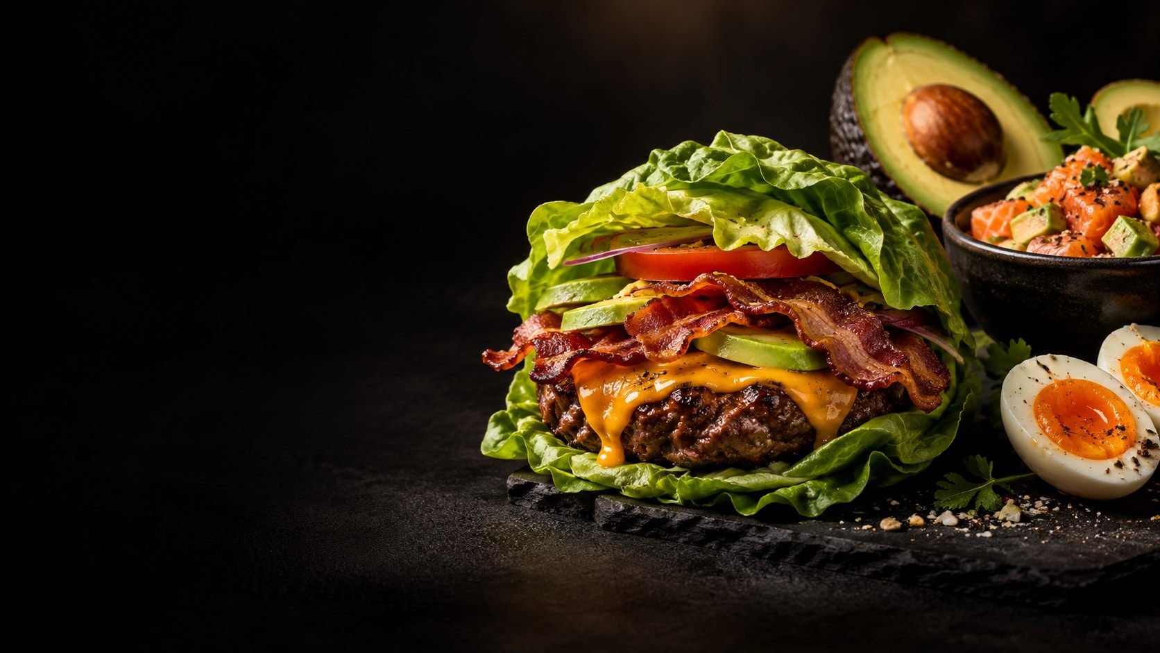 Keto-Gerichte mit Salat-Burger, Avocado, Ei und Lachs – KI-Illustration