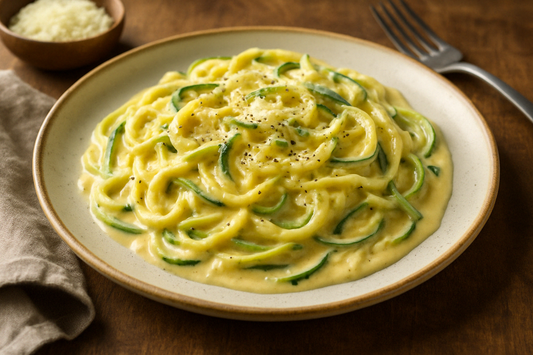 Zucchini-Nudeln mit Knoblauch-Käse-Sahnesauce