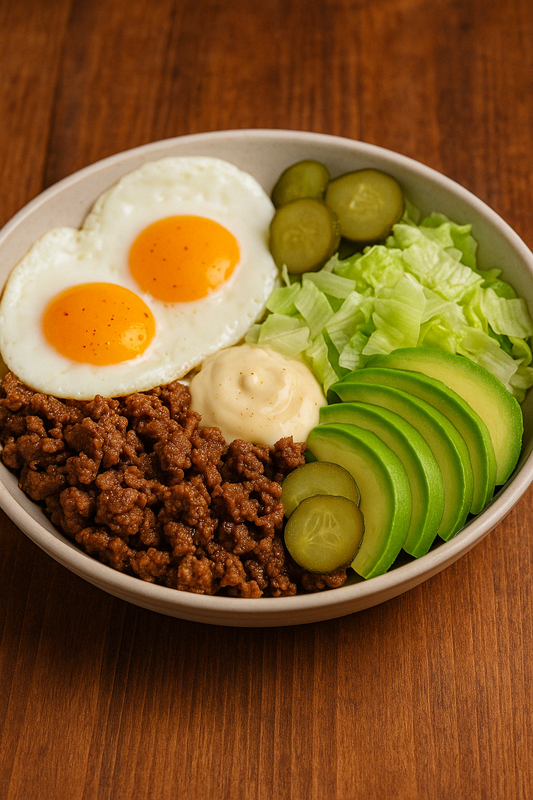 Keto-Burger Bowl mit Dressing & Spiegelei