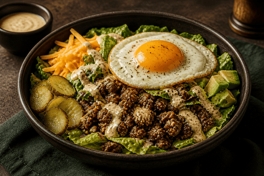 Keto-Burger Bowl mit Dressing & Spiegelei - Keto-Anleitung.de