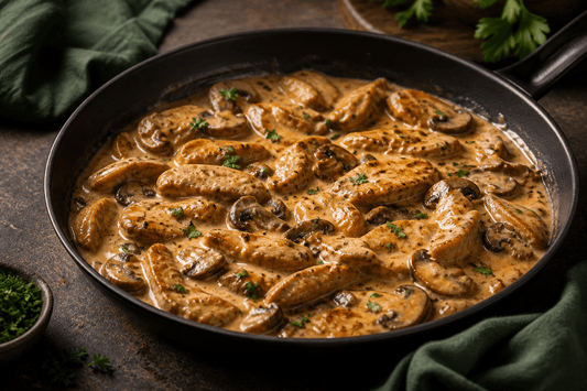 Putenstreifen in Käse-Sahne-Sauce mit Champignons - Keto-Anleitung.de