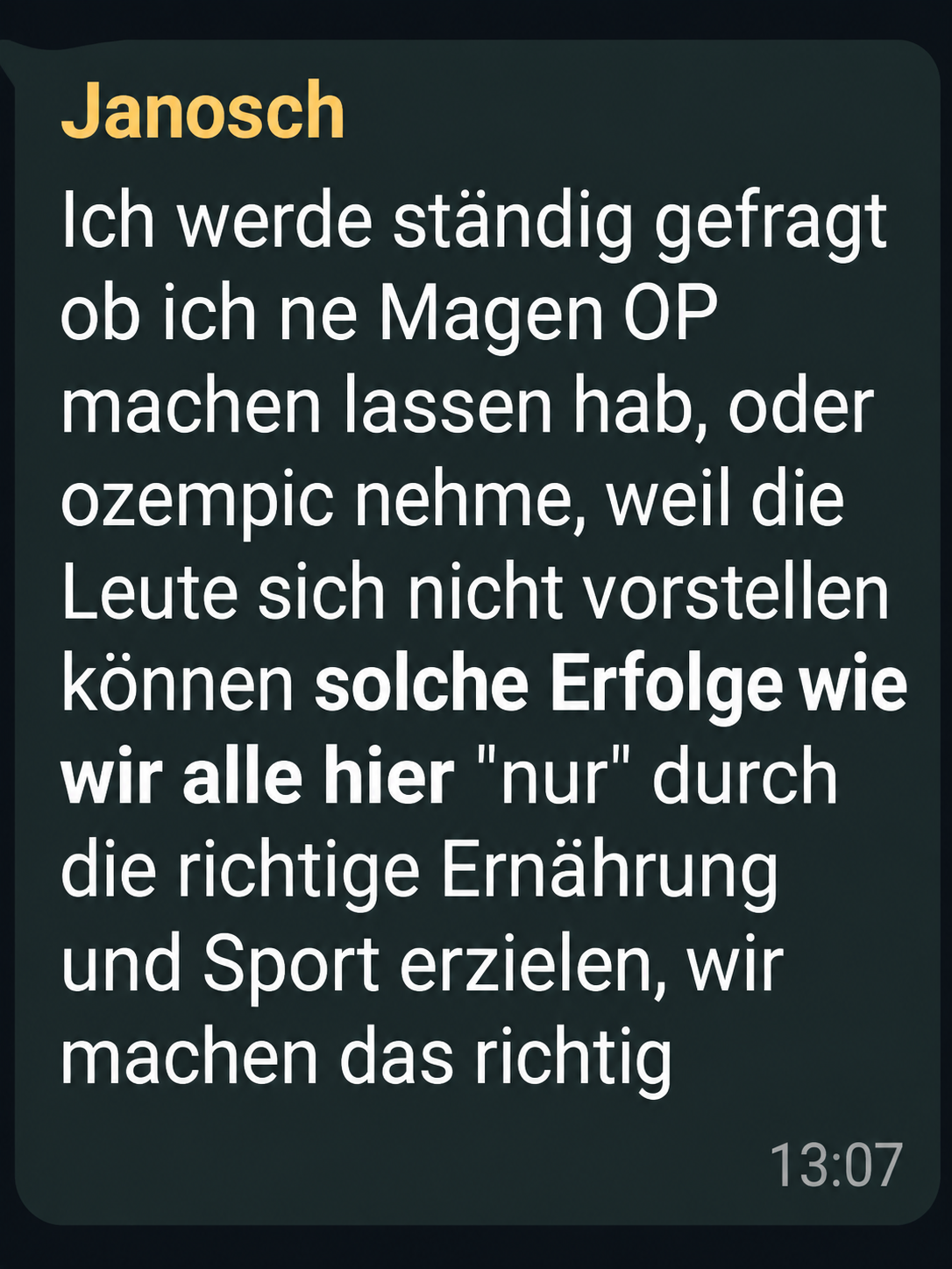 Janoschs Nachricht aus der WhatsApp-Community; ohne Profilfoto und Telefonnummer