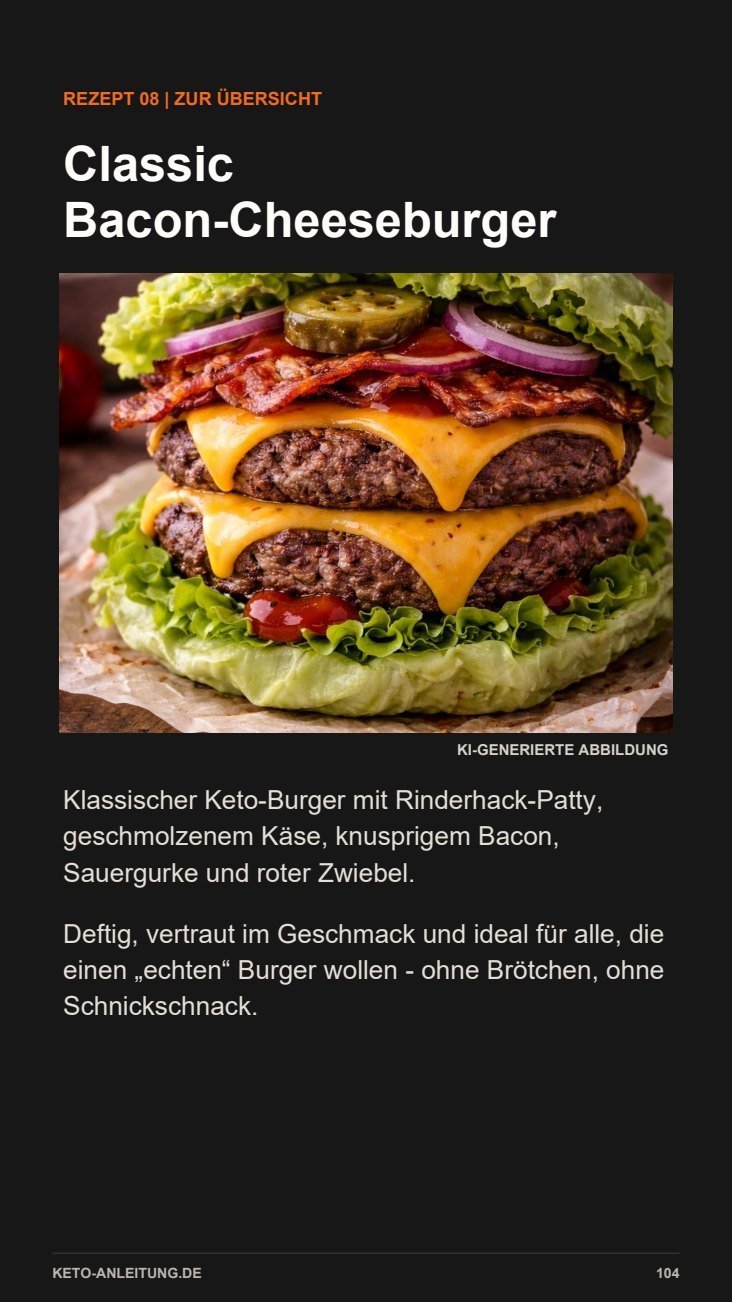 Original-Rezeptseite 104: Classic Bacon-Cheeseburger, KI-generierte Abbildung